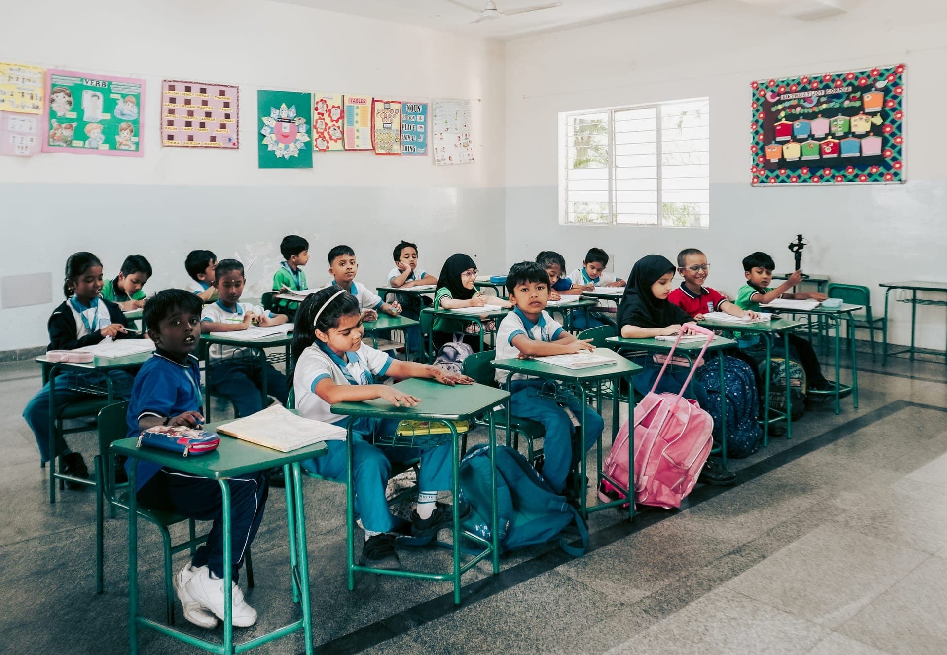 Students at Pristine Public School working at their desks in class